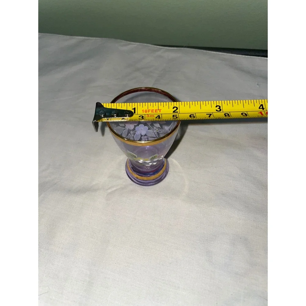 Vintage Purple Amethyst Glass Shot Glass Hand Painted Floral Gold Rim Pedestal